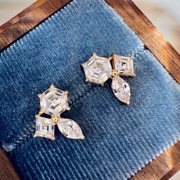 New! Unique Diamond Studs. Hexagon Cut & Marquis Cut Stones 14K Gold Vermeil 925